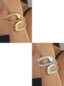 1/2pcs Geometric Metal Bracelet, Minimalist Style, Exaggerated Design, Streamlined Bangle, Thick Cuff - Gold - View 17