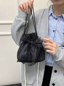 This Fashionable And Elegant Women's Crossbody Bag Is Made Of Polyester Fabric, Decorated With A Bow, Drawstring Closure, And Features A Beaded Chain Strap, Suitable For Occasions Such As Banquets, Parties, And Weddings. - Black - View 5