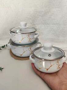 3pcs Enamel Mini Saucepan Set, 12cm-14cm-16cm Thick Double Ear Enamel Cooking Pot, Multi-Purpose For Gas & Induction Cooktop, Vintage Style Enamel Soup Pot, Small Pot For Boiling Milk, Cartoon Cute Enamel Bowl With Handle For Instant Noodles