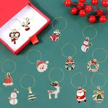 圣诞主题酒杯吊坠，附标签，用于识别高脚杯。酒杯吊坠，葡萄酒爱好者礼品，品酒派对礼品装饰，16件套 - 彩色 - 查看 5