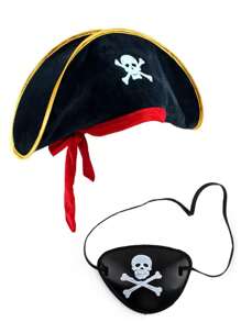 2pcs/Set Halloween Pirate Hat + Pirate Eye Mask - Skull Print Pirate Captain Costume Hat, Pirate Accessories, Party Hat, Masquerade, Cosplay Funny Captain Hat Valentines Gift - Multicolor - View 11