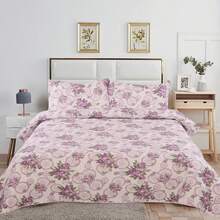 Twin/Full/Queen/King Quilt Set, 3 Piece Floral Bedding Set Microfiber Bedspread Coverlets For Beds - 紫色幸運花 - 查看 1