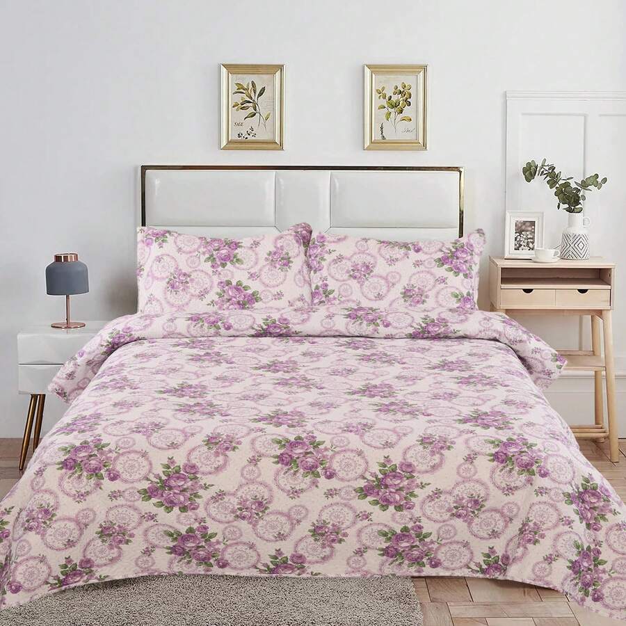 Twin/Full/Queen/King Quilt Set, 3 Piece Floral Bedding Set Microfiber Bedspread Coverlets For Beds - 紫色幸運花 - 查看 1