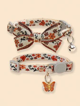2pcs Embroidered Flower & Butterfly Pattern Pet Decorative Collar With Bell, Accessories For Cat/Dog Photography