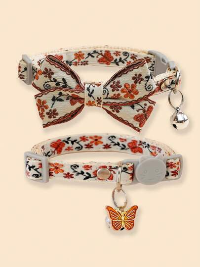 2pcs Embroidered Flower & Butterfly Pattern Pet Decorative Collar With Bell, Accessories For Cat/Dog Photography