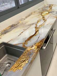 1 Roll High-End Waterproof, Stain-Resistant Cracked Gold Marble Pattern Self-Adhesive PVC Wallpaper, Removable, Suitable For Bathroom Wall Decor, Kitchen Backsplash, Countertop Protection, Living Room & Bedroom Furniture Renovation - Gold - View 2