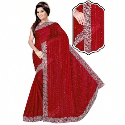 Estationeryhouse Designer Georgette Saree With Shimmer Stripes, Swarowski Work, Large Border, With Stitched Blouse(Red)