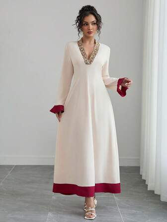 Women's Elegant Long Sleeve V-Neck Sequin Patchwork Zipper Contrast Color Dress, Everyday Wear