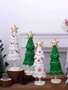 1pc Cute Christmas Tree Fabric And Wooden Ornaments, Window And Desktop Christmas Embroidered Snowflake Decor