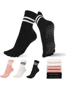 1/2/3 pares de calcetines de yoga para mujer, calcetines profesionales antideslizantes, calcetines de unicolor de cinco dedos, calcetines de yoga de dedos, calcetines de media caña para fitness en interiores para mujer, calcetines de otoño