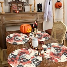 2pcs/4pcs/6pcs Halloween Skull Pattern Printed Silicone Placemats, Halloween Decor, Suitable For Dining Table, Coffee Bar, All Season Decoration, Washable Placemats, Room Decor, Coasters, Draining Mats, Kitchen Dining Table Mats, Indoor Outdoor Party Decor, Home Decor, Ideal Gift