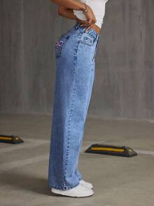 Teen Girl Oversized Butterfly Print Loose Fit Flared Denim Pants - Medium Wash - View 4