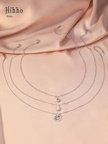 Hihho 3 款时尚优雅项链，锆石镶嵌双环圆球设计，个性化创意女士项链套装，奢华珠宝礼物 - 銀色 - 查看 5