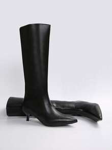 2025 Autumn/Winter New Pointed Toe Thigh High Boots For Women, Slim Heel Retro Personalized PU Leather Over-The-Knee Boots,Black Boots,Kitten Heels - Black - View 4