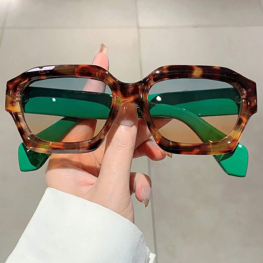 2024 Retro Square Glasses - Brown Green Gradient Lenses, Lightweight Plastic Frame Non-Prescription Decorative Glasses, Suitable For Men And Women For Daily And Formal Occasions, Retro Fashion Glasses, Style Accessories, Tortoiseshell Design, Classic Style, Unisex, Buyer Must-Have - 藍藍橙 - 查看 1