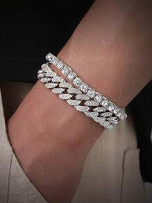 3pcs Set Fashionable Sparkling Crystal Cuban Link Chain Bracelet For Women Men, Thick Hip Hop Ice Chain Jewelry, Ideal For Valentine's Day, Holiday Party Gifts