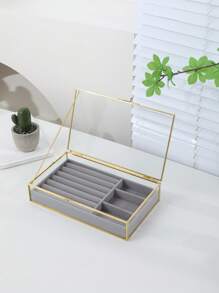 1个透明玻璃盖收纳盒，首饰整理托盘，可收纳化妆品、口红，可放在梳妆台上，防尘首饰盒，送给女孩的礼物 - 金色 - 查看 9