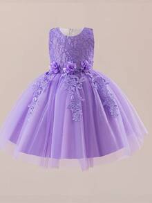Girls' Multilayer Tulle Princess Dress, Handmade 3D Floral Lace Patchwork Puff Skirt, Sweet Knee-Length Sleeveless Dress, Girls' Simple Dance Recital Dress, Special Occasion Elegant Mesh Dress - Lilac Purple - View 2