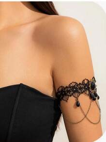 Black Pendant Arm Chain Bracelet Multi-Layer Tassel Armband Gothic Crystal Adjustable Cuff Bracelet, Alloy, For Women Halloween Party Costume Body Jewelry - Black - View 7