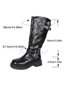 planare بوت نسائية سوداء متوسطة الساق، مزينة بإكسسوارات معدنية، مصنوعة من جلد متين، مزودة بأبزيم وتصميم مسامير متعددة، عصرية وشاملة، مناسبة للارتداء اليومي العادي، خريف/شتاء