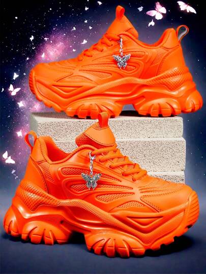 Women Metal Silver Butterfly Decor Sneakers, Fashion EVA Thick Sole Platform 7CM High Heel Shoes, Versatile Punk Style Vivid Orange High Heel Shoes For Gift, Plus Size Autumn/Winter Comfortable Warm Women Sports Shoes, Suitable For Teenagers, College Students, Outdoor, All Season Light Weight Non-Slip Breathable Mesh Casual Sports Shoes, Summer Breathable Quick-Drying Sandals For Daily, Dating, Fitness, Office