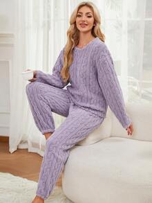 两件套女士冬季睡衣套装，简约纯色加厚长袖长裤家居服，适合室内外穿着，舒适保暖，秋季服装 - 紫色 - 查看 3