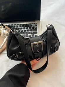 女款復古龐克鉚釘機車包，上班通勤用腋下單肩包 - 黑色 - 查看 4