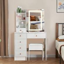 Nuevo juego de tocador con taburete, espejo deslizante, 6 cajones y tocador iluminado - Perfect For Organizing Makeup, Skincare, Elegant Vanity|Decorative Vanity, Vanity Furniture, Compact For Small Space, Bedroom Decor Gift, Perfect Gift For Women Girls , Ideal para regalos de Navidad y Halloween. - Blanco - Ver 2
