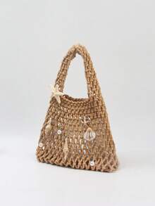 时尚休闲海洋主题吊坠，纯色镂空钩编手形设计，开放式款式，适合度假旅行，浪漫风格，适合女性纤细的手型，户外旅行、度假、日常休闲时尚搭配，也是送给家人和朋友的绝佳礼物。 - 卡其色 - 查看 3