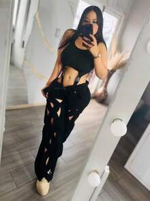 PANTALON  SPIRAL  Liso    Casual  Dulce  Elegante  Sexy    Mezclilla    Cremallera  Encaje en contraste  Botón    Noche de fiesta - Negro - Ver 4