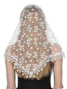 1pc Women Floral Lace Shawl With Hollow-Out Flower Pattern Decor, Breathable Fringed Triangle Scarf For Outdoor And Daily Use, Summer - Multicolor - View 12