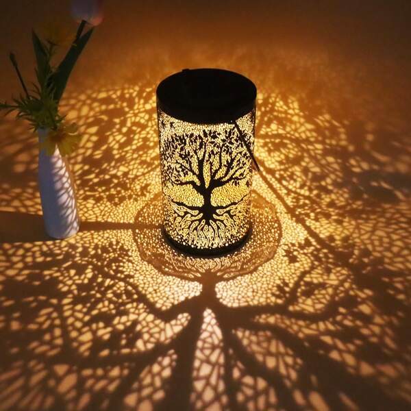 1pc Solar Powered Tree-Patterned Lantern, Outdoor Waterproof Vintage Metal LED Large Tree Decorative Light, Solar Garden Yard Lawn Lamp For Garden Decoration, Patio, Porch And Lawn Lighting, Eid Decoration