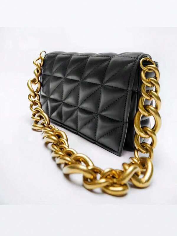 Luxury Quilted Shoulder Tote Bag | Flap Thick Chain Strap Commuter Fashion Handbag