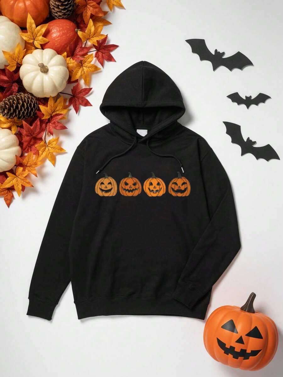 Sudadera con capucha de manga larga casual con estampado de calabaza, talla grande, para mujer - Negro - Ver 1