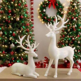 2pcs White Plastic Deer Figurines, Suitable For Christmas Decoration, Home Decor, Living Room TV Cabinet, Bookshelf Ornaments, Boxed Packaging Christmas Decorations Room Decor