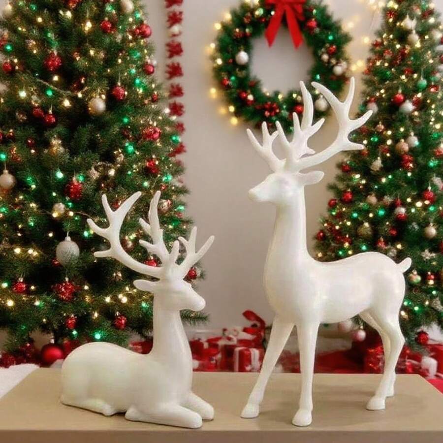 2 piezas de figuras de renos de plástico blanco, adecuadas para decoración navideña, decoración del hogar, gabinete de TV de la sala de estar, adornos para estantería, empaquetadas en caja - Multicolor - Ver 1