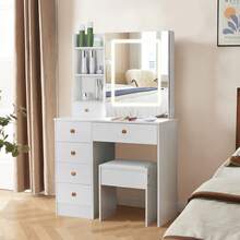 Nuevo juego de tocador con taburete, espejo deslizante, 6 cajones y tocador iluminado - Perfect For Organizing Makeup, Skincare, Elegant Vanity|Decorative Vanity, Vanity Furniture, Compact For Small Space, Bedroom Decor Gift, Perfect Gift For Women Girls , Ideal para regalos de Navidad y Halloween. - Blanco - Ver 3