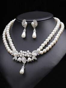 女士奢华双排玻璃珍珠项链和夹式耳环套装，新娘结婚首饰套装，无需耳洞 - 銀色 - 查看 7