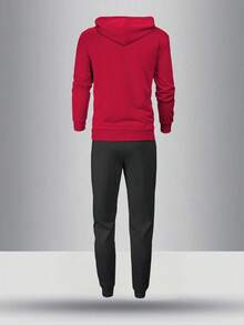 Men's Lightweight Hooded Sweatshirt And Drawstring Waist Pants Set, Solid Color Basic Style, Fashion Casual Outfit For Spring/Autumn, Suitable For Husband/Boyfriend Gift, Street, Commute, Outdoor Activities, Vacation - Red - View 2