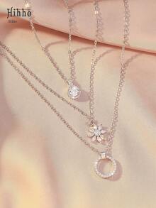 Hihho 3 款时尚优雅项链，锆石镶嵌双环圆球设计，个性化创意女士项链套装，奢华珠宝礼物 - 銀色 - 查看 8