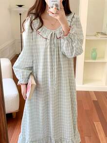 1pc Women's Sweet Cute Sexy Plaid Print Long Sleeve Nightgown Dress, Casual Wear For Queuing, Valentine's Day, Spring, Autumn, Winter, Doll Collar, Lantern Sleeve Sleepwear Homewear Set, Fall