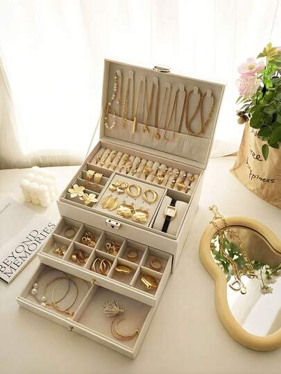 3-Layer Large Capacity Jewelry Storage Box, Portable Jewelry Storage Box, Dressing Table With Drawer Jewelry Storage Box, Gift Leather Jewelry Box, Exquisite Display Packaging Storage Container Back To School