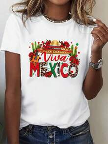 "Viva méxico" cuenta con camisetas estampadas con elementos. Sombreros anchos, rosas, guitarras y otros elementos que transmiten la pasión mexicana. 180G de algodón, ligeramente elástico, cómodo, transpirable y lavable a máquina. Añade un toque exótico a tus viajes diarios - camiseta de algodón para mujer - Blanco - Ver 2