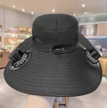 Sombrero de cubo de gran tamaño de secado rápido con ventilador solar, carga USB, sombrero de sol para hombres, senderismo al aire libre, camping, pesca, ropa refrescante - Negro - Ver 2