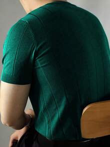 Men's Casual Solid Color Ribbed Knit Crew Neck Short Sleeve Top - Màu xanh Ô liu - Xem 3