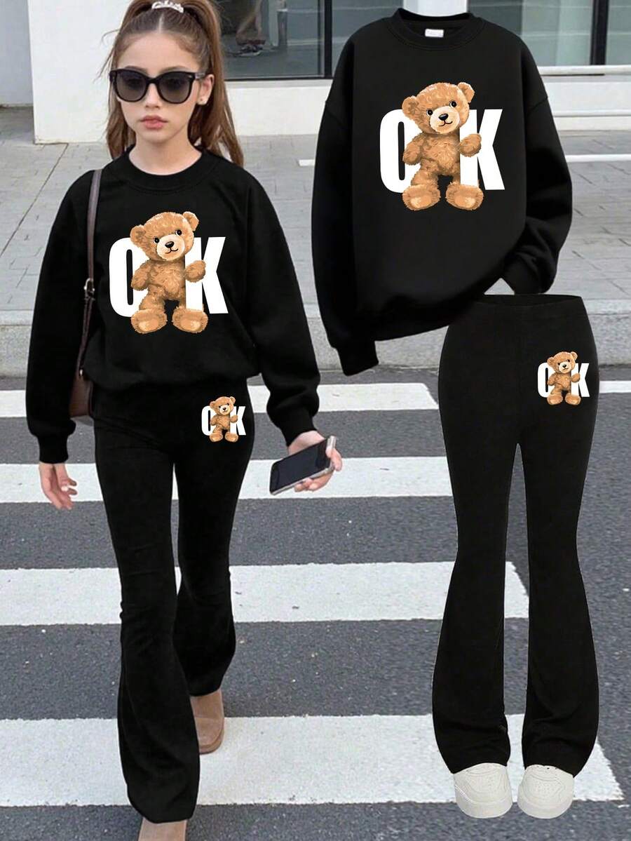 2 - Piece Set Girl Cute And Stylish Style Bear Print Casual Set, Soft And Comfortable, Spring Autumn Daily School Wear - Black - View 1