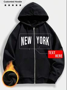 Customized Men's Zip-Up Hoodie Sweatshirt - Customizable Fun Sweatshirt, Can Print Your Lucky Number, Font, Jersey Number, Anniversary, Birthday, Music Festival, Christmas, Halloween, Thanksgiving, Work Logo, Advertising, School Uniform, Black Zip-Up Jacket, Suitable For Autumn And Winter, Thermal Lined Pocket Sweatshirt With Drawstring, Long Sleeve Top - Black - View 2