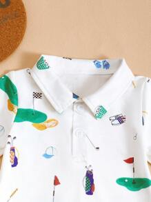 Infant Baby Golf Print White Short Sleeve Romper, Soft Comfortable Fabric, Suitable For Outdoor Sports & Activities