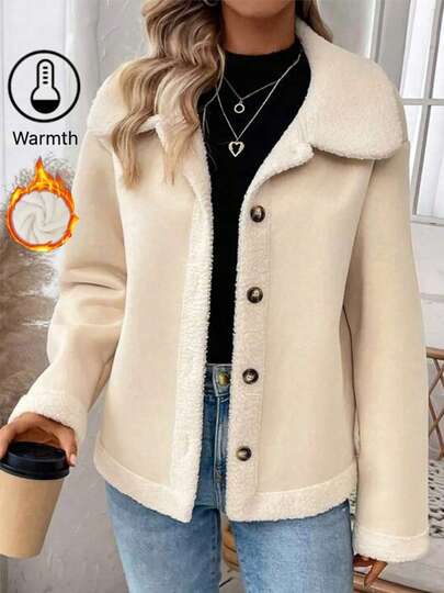 Long Sleeve Pocket Fleece Jacket, Patchwork Fuzzy Lining, Button Front, Casual Plus Size Lapel Coat, Suitable For Autumn/Winter