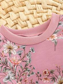 女婴花卉印花长袖圆领卫衣和粉色直筒裤两件套，秋冬 - 粉色 - 查看 3